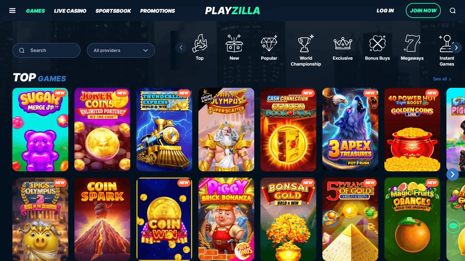 Playzilla Casino desktop games area