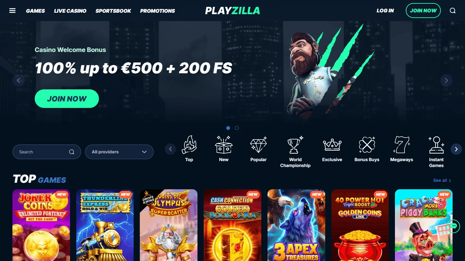 Playzilla Casino desktop home page