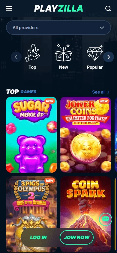 Playzilla Casino mobile games area
