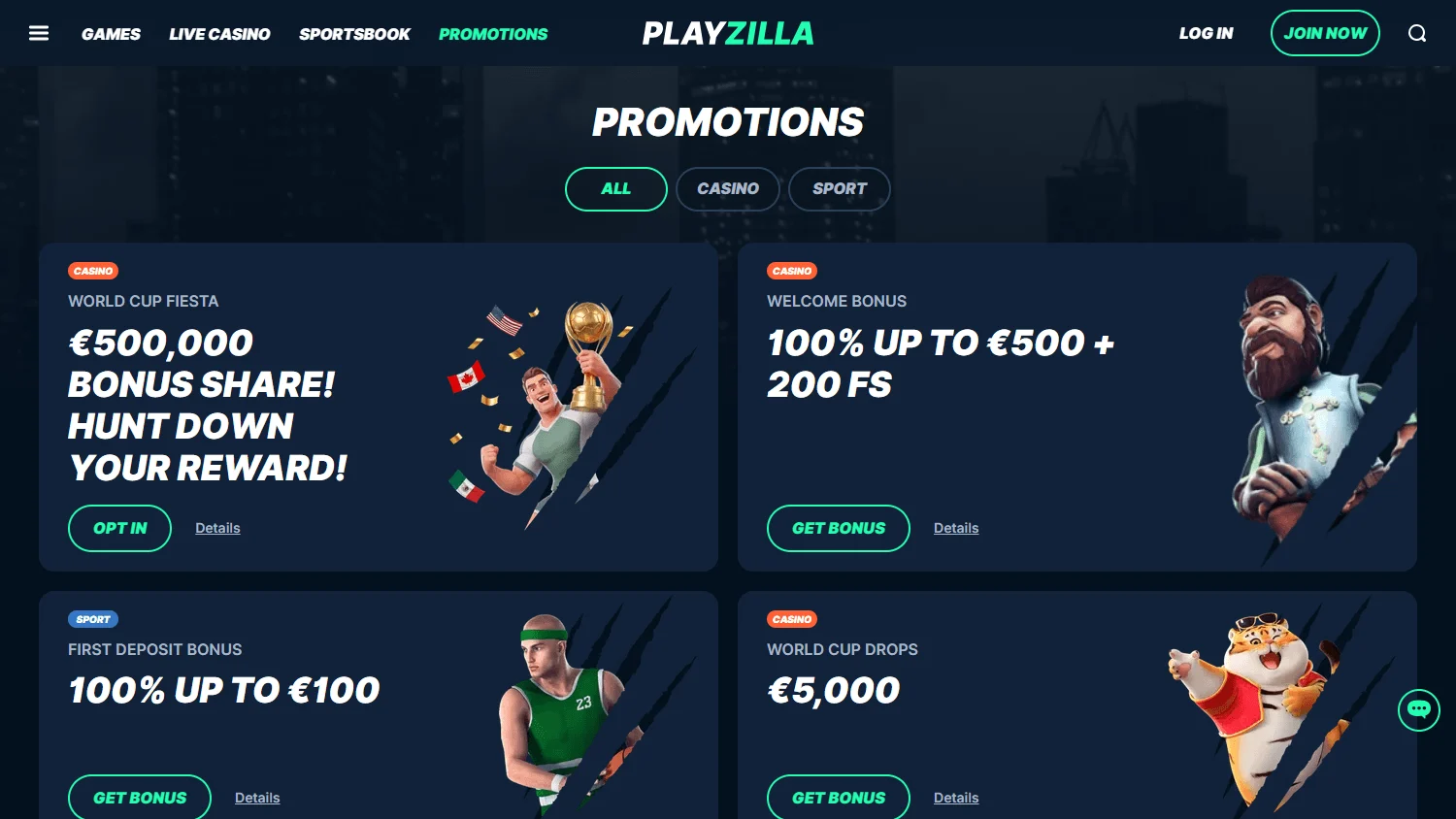 Playzilla Casino desktop promotions area