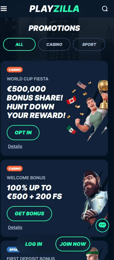 Playzilla Casino mobile promotions area